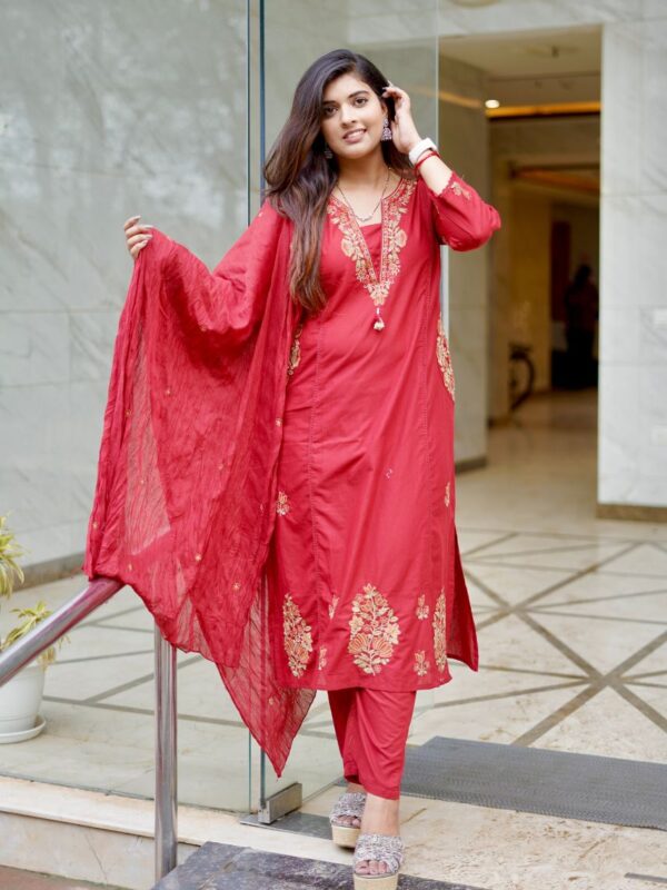 Crimson Elegance Embroidered Kurta Set with Dupatta