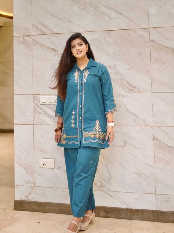 Teal Embroidered Cotton Co-ord Set