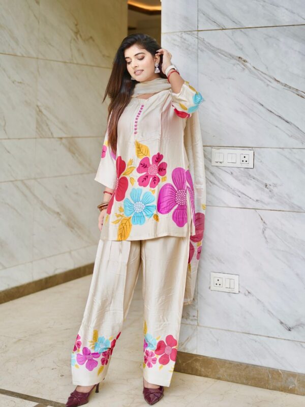 Floral Bloom Satin Kurta Set with Dupatta