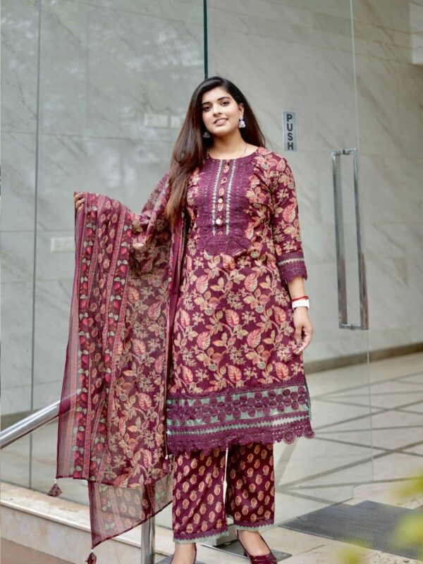Royal Wine Floral Kurta Set with Dupatta